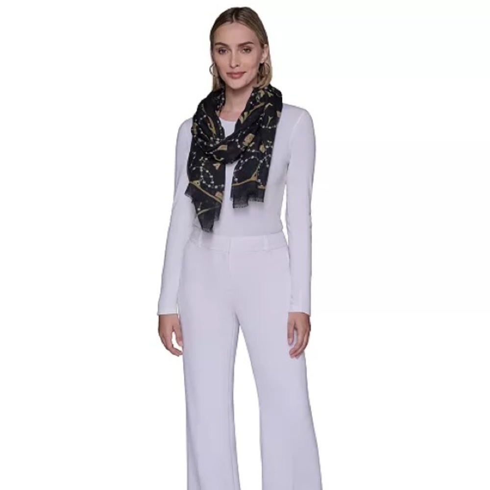 Karl Lagerfeld Pearls and Paris Charms Pattern Oversized Neck Wrap - Picture 3 of 4